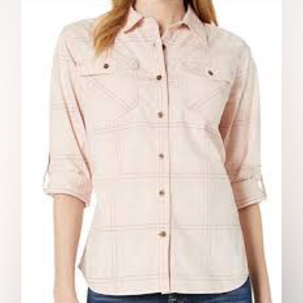 Carhartt Top Womens XL Pink Plaid Button Up Rugged Flex Roll Tab Chest Pockets